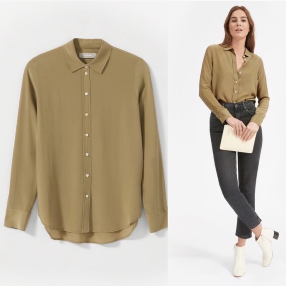 Everlane Clean Silk Relaxed Button Down Shirt in Covert Green Size 6 - Picture 3 of 8